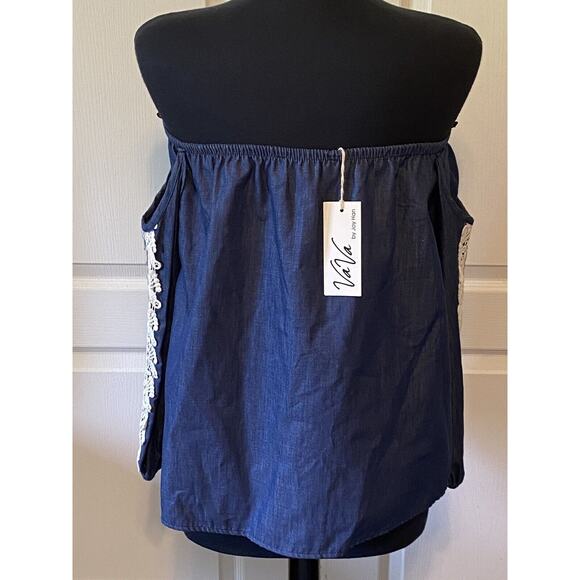 VaVa by Joy Han Blue Chambray Off Shoulder Embroidered Sleeve Blouse Medium - Picture 5 of 10